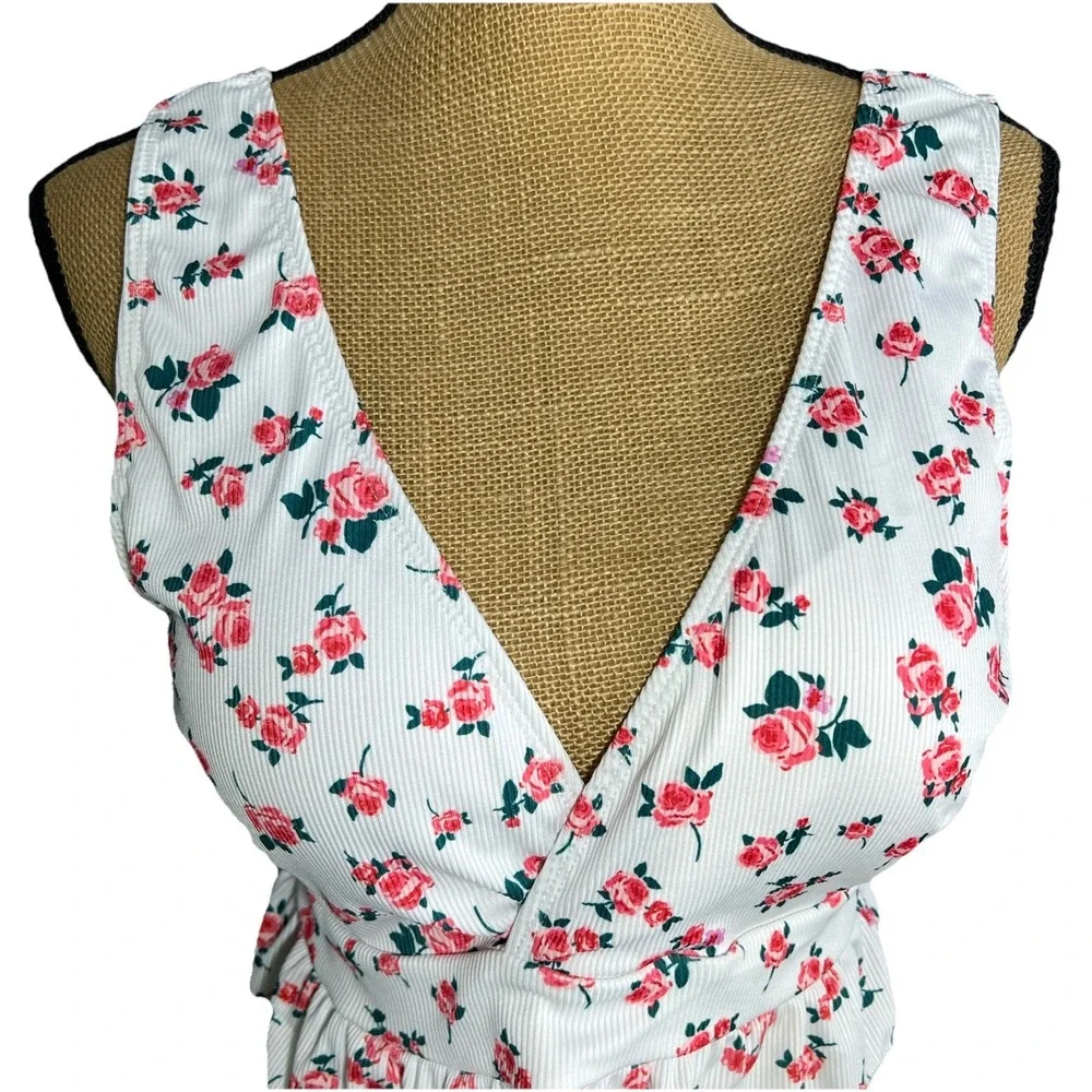 Womens 2XL Floral Ribbed Tankini Top White Pink Peplum Plus Size Swimwear